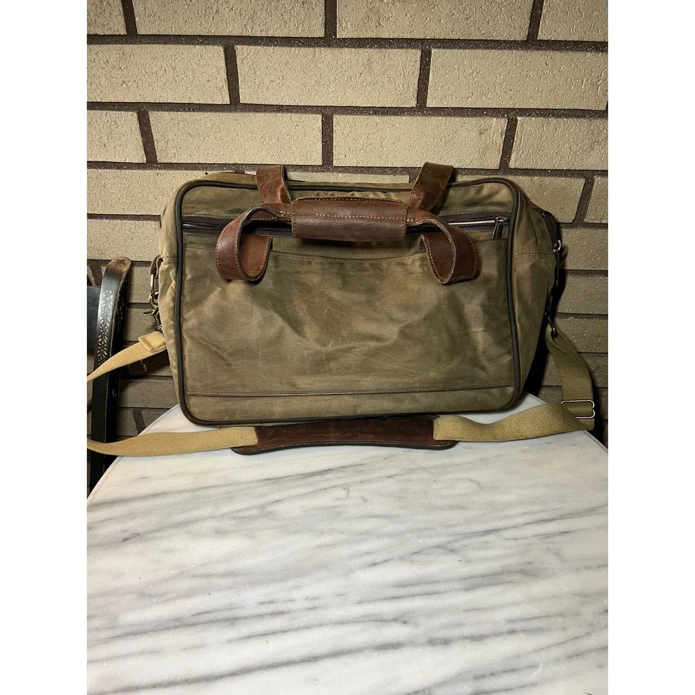 Schlesinger Messenger Laptop Bag VTG Waxed Canvas Briefcase Leather Trim Olive